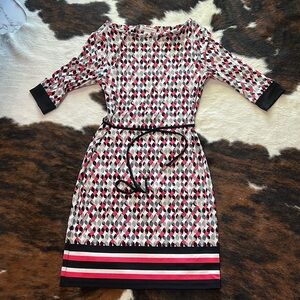 Elegant Geometric Print Dress - Black, Red, White